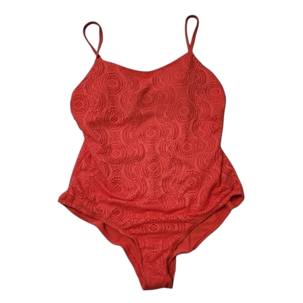 Catalina Swimsuit Orange Lace Overlay Classic One Piece Adjustable Straps Sz XL